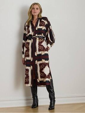 GORGEOUS NEW 
Lauren Ralph Lauren 
Equestrian-Print Twill Midi Shirt Dress Sz 12